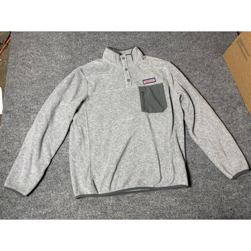Vineyard Vines Sweater Mens M Gray Fleece 1/4 Snap Mock Neck Pullover Logo